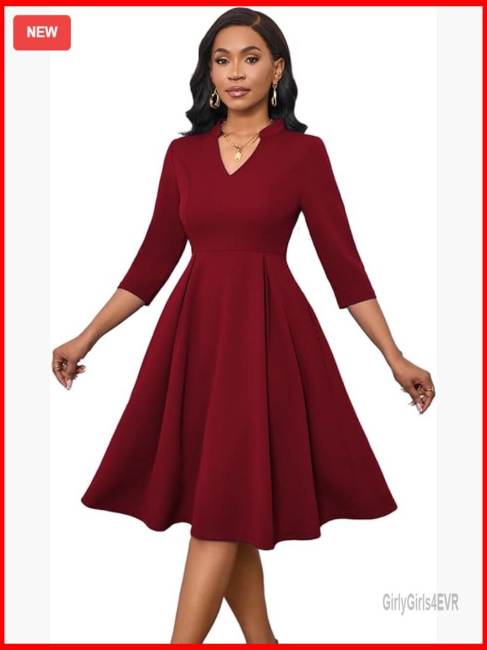 Semi Formal Fit and Flare A-Line Midi Dress with Pockets 3/4 Sleeve